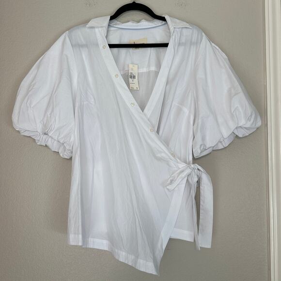 By Anthropologie Plus Size White Puffed Sleeve Wrap Top, Quiet Luxury, 1X NWT - Picture 3 of 7